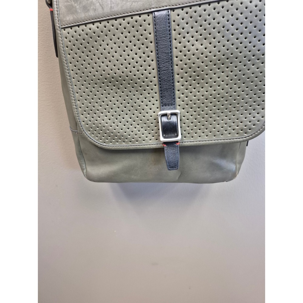 Fossil Men's Leather Messenger Crossbody Bag Olive Green Perforated Travel Work
